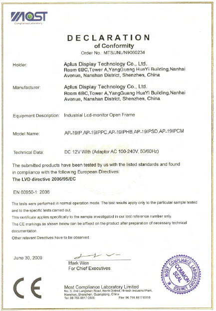 CE LVD certification certificate — AplusLCD