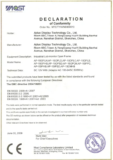 15" CE certification — AplusLCD